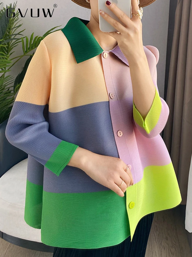 

GVUW Fashion Women Shirts Turn-down Collar Color Block Long Sleeves Loose Casual Outerwear Female Top 2023 Spring Summer 17G1664