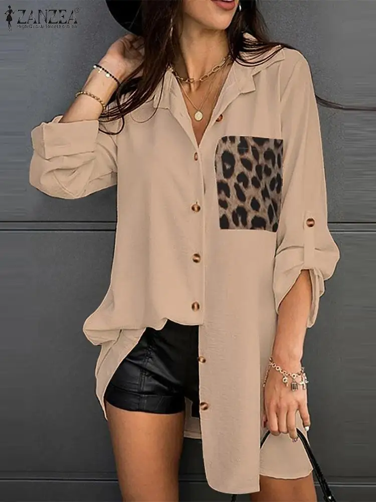 

Women's Patchwork Blouses ZANZEA 2023 Fashion Leopard Shirts Long Sleeve Blusas Female Button Lapel Tunic Oversized Chemise