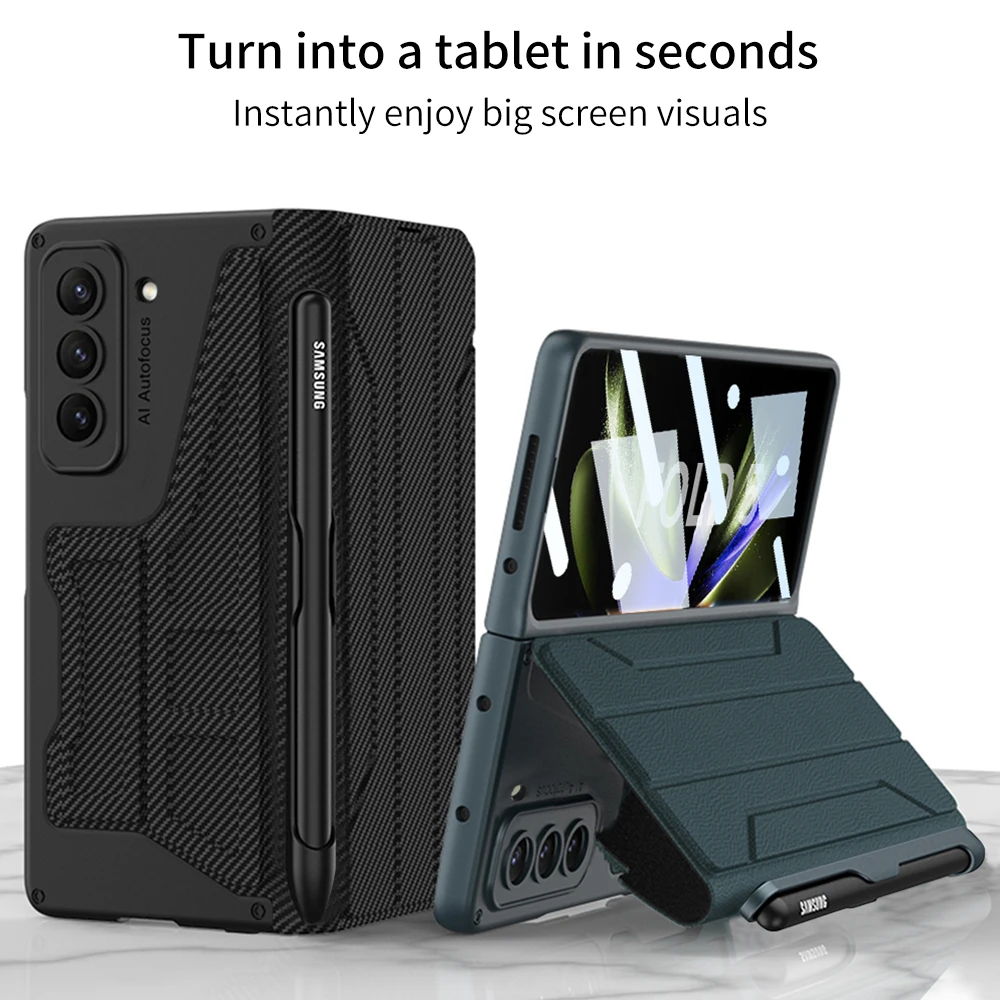 Side S Pen Holder Cover for Samsung Galaxy Z Fold 5 Case Leather Stand Cover with Front Glass Film Armor Fundas