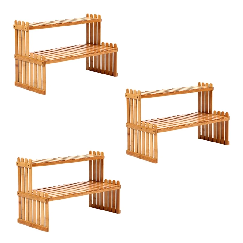 

3X 2 Layers Bamboo Storage Rack Kitchen Spice Jar Bottle Seasoning Rack Decoration Organizer Shelf Home Desktop Racks