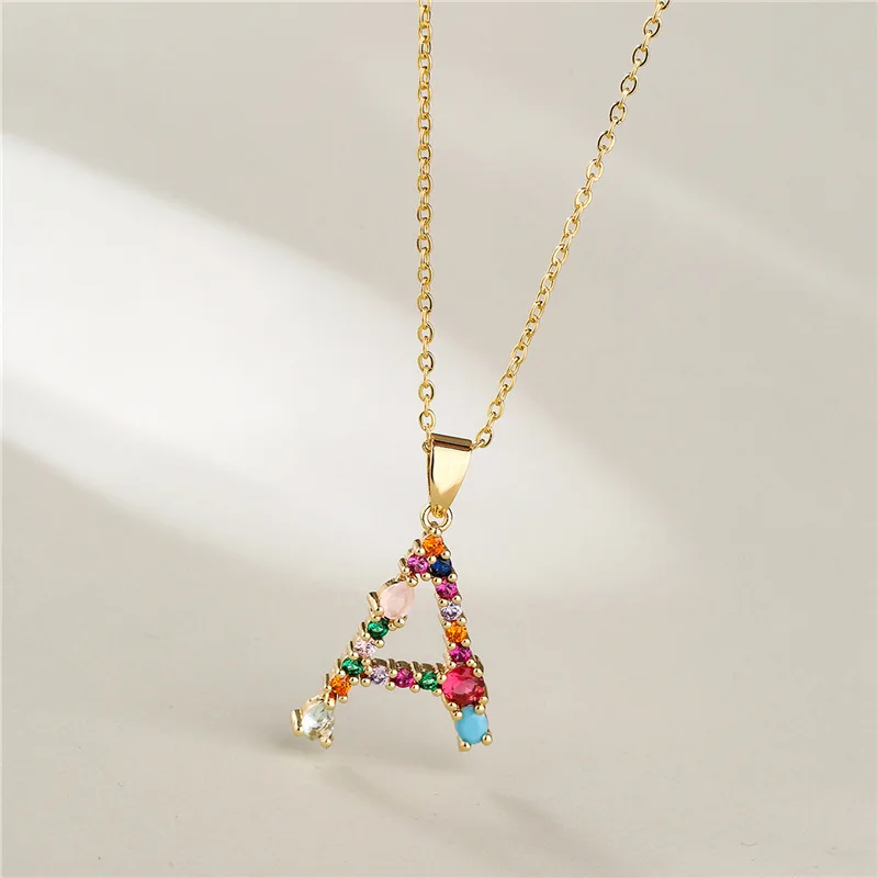 

New Personalized Zircon Letter Alphabet Pendants Gold Color A-Z Initials Opal Stone Pendant Necklace Shinning Collares Jewelry