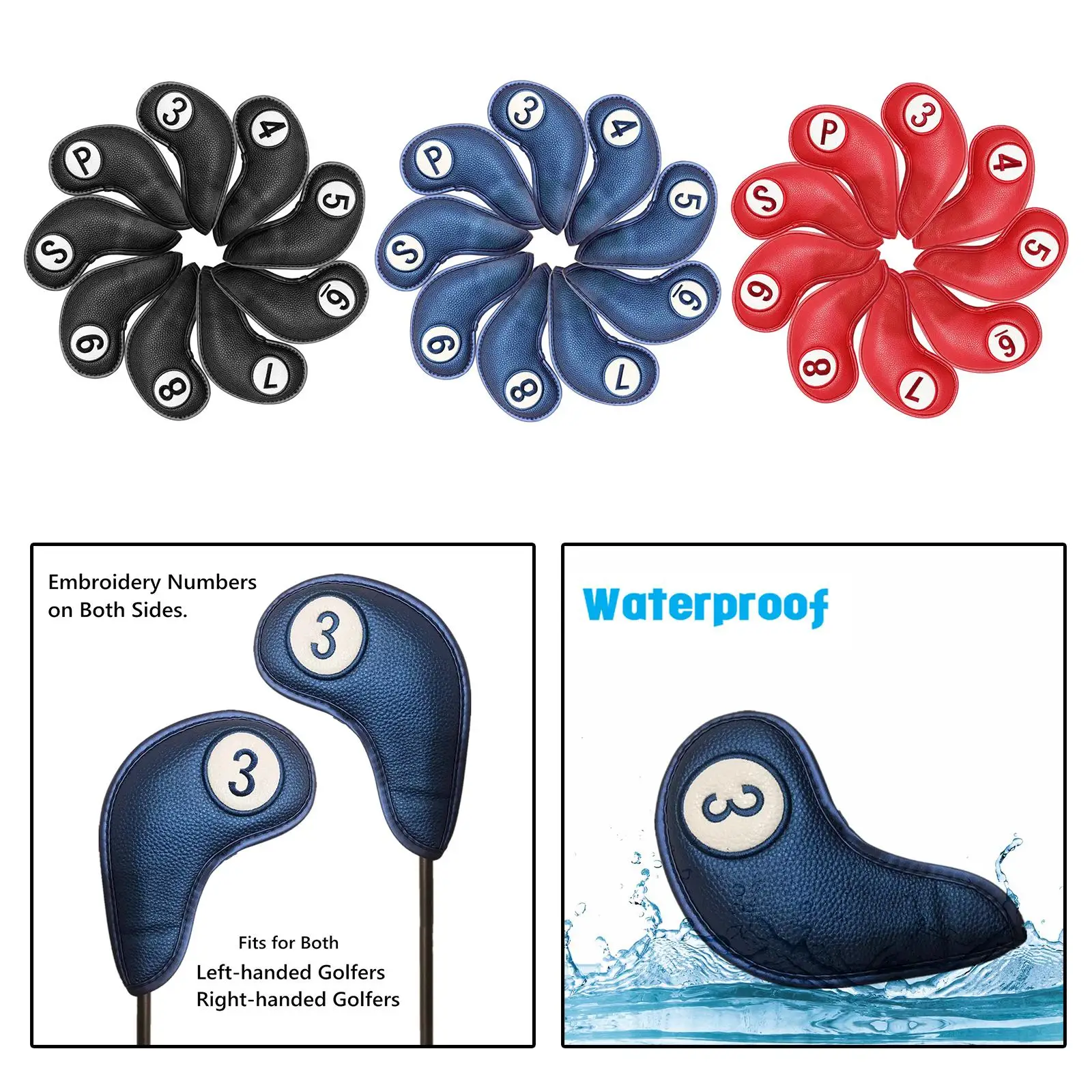 

9Pcs Leather Golf Iron Head Covers Headcovers Waterproof 3,4,5,6,7,8,9,S,P