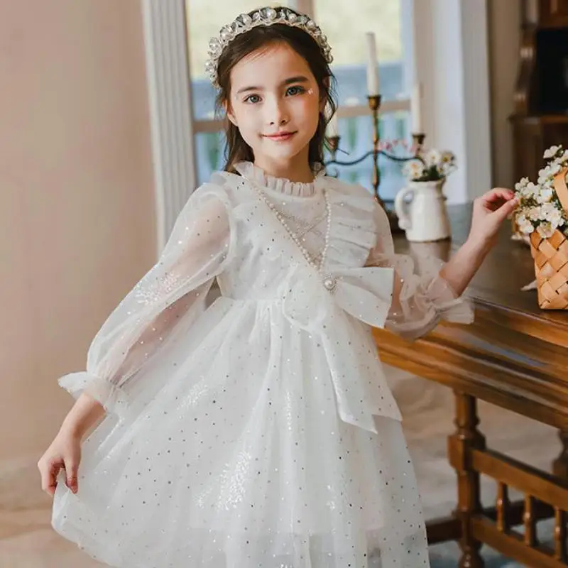 2022 Spring Summer Princess Dress For Girls Puff Sleeve Loose Mesh Hem Gowns Kids Children Birthday Wedding Party Dresses