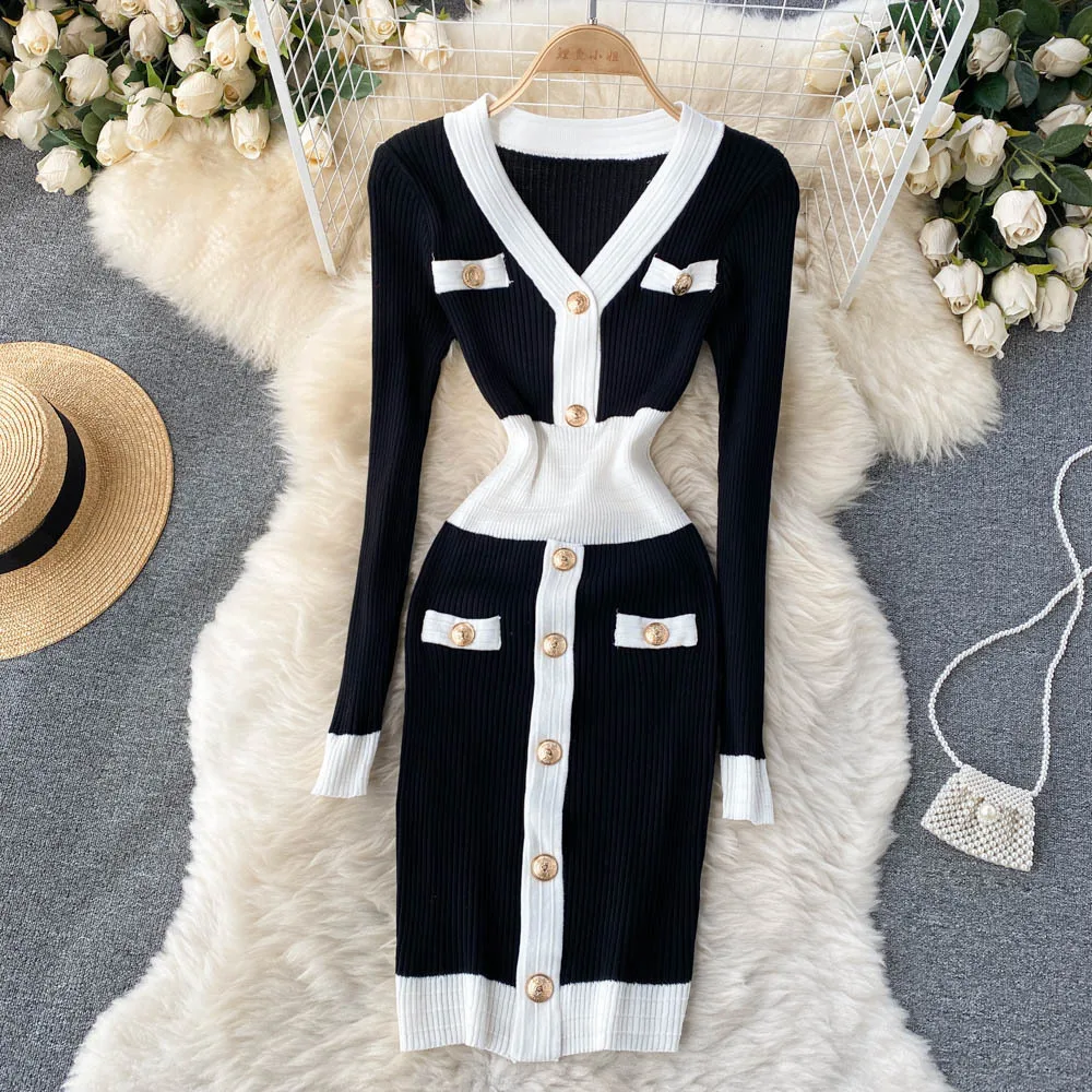 

V-neck knitted maternity dress women's autumn and winter midi skirt Black
