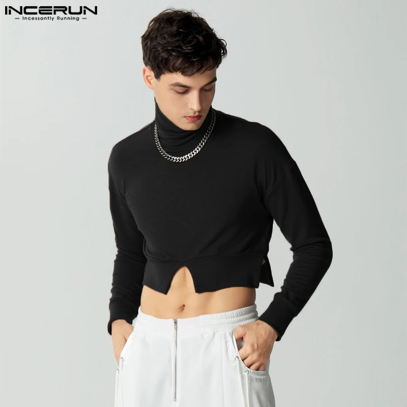 

Футболка INCERUN мужская с высоким воротником и длинным рукавом, пикантный кроп-топ с разрезом, уличная одежда, однотонная модная повседневная, S-5XL