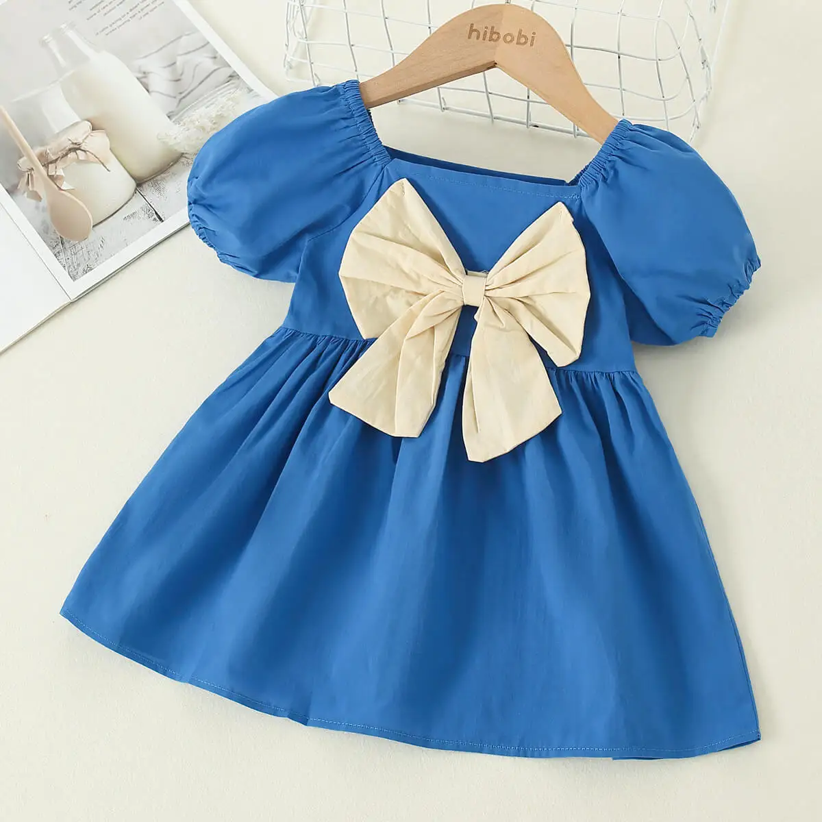 

hibobi Summer Fashion Little Princess Voile Party Dress Girls Puff Sleeve Back Red Bowknot Tutu Dress Cute Dress Baby Girl Dress