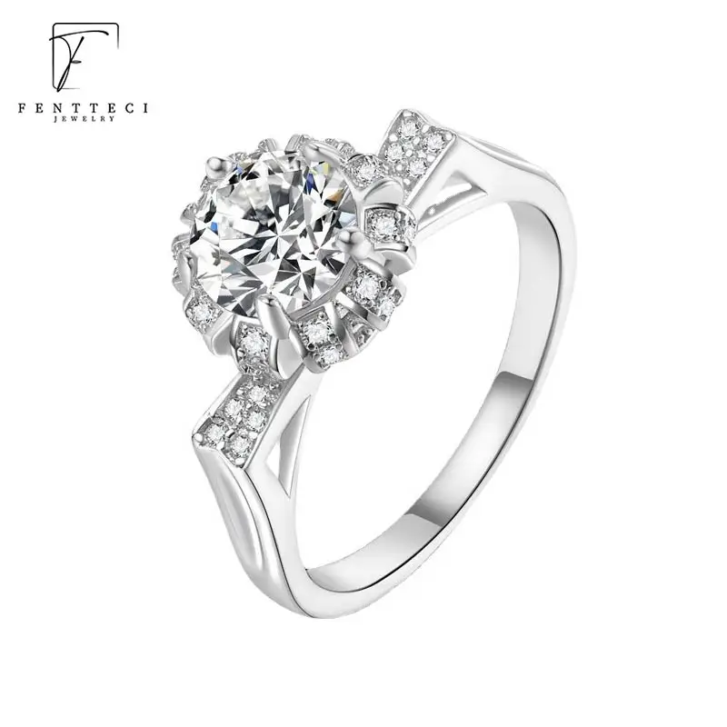 FENTTECI 925 Sterling Silver Luxury Flower Ring Moissanite 6 Prongs Holding Flower Bud 1ct Diamond Ring Female Wedding Proposal