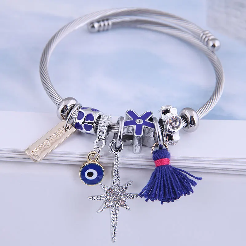 

National Style Devil's Eye Beaded Stainless Steel Bracelet Creative Tassel Full Diamond DIY Bracelet
