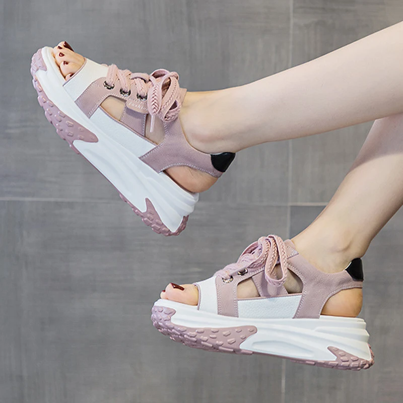 Peep Toe Genuine Leather Comfy Hollow Sandals Breathable Shoes Chunky Sneakers Spring Summer Platform Wedge Women Shoes