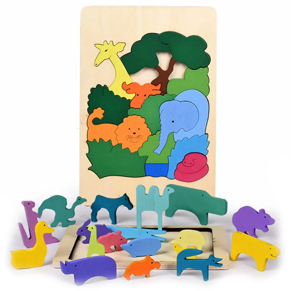 

Детские деревянные 3D головоломки с животными, игрушки, каждая деталь в форме животного, Встроенная игра, креативные головоломки для раннего развития, игрушки для детей