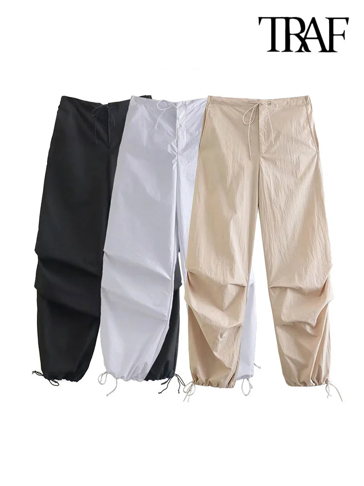 

TRAF Women Fashion Side Pockets Pleats Parachute Cargo Pants Vintage High Elastic Waist Drawstring Female Jogging Trousers Mujer