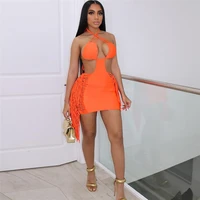 2022 summer european and american womens new sexy hollowed out low cut suspender neck open back high waist tight buttock dress
