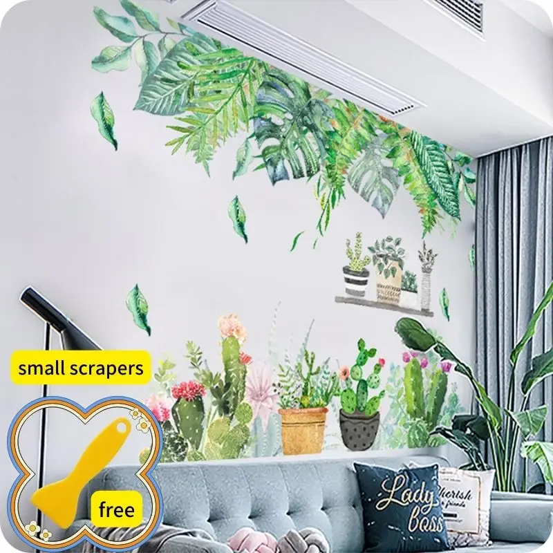 

DIY Green Plant Wall Sticker Tropical Pink Peony Flower Beach Palm Leaves Wall Decals Modern Art Vinyl Wall Decal