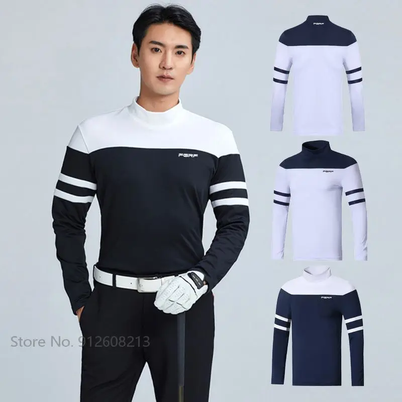 

Рубашка для гольфа мужская с длинным рукавом, эластичное быстросохнущее нижнее белье, Спортивная футболка с воротником-стойкой, топ в полоску, в стиле пэчворк