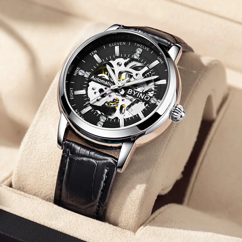 Men Automatic Mechanical watches Fashion Leather mesh strap mechanical watch hollow out design waterproof MAN watch reloj hombre