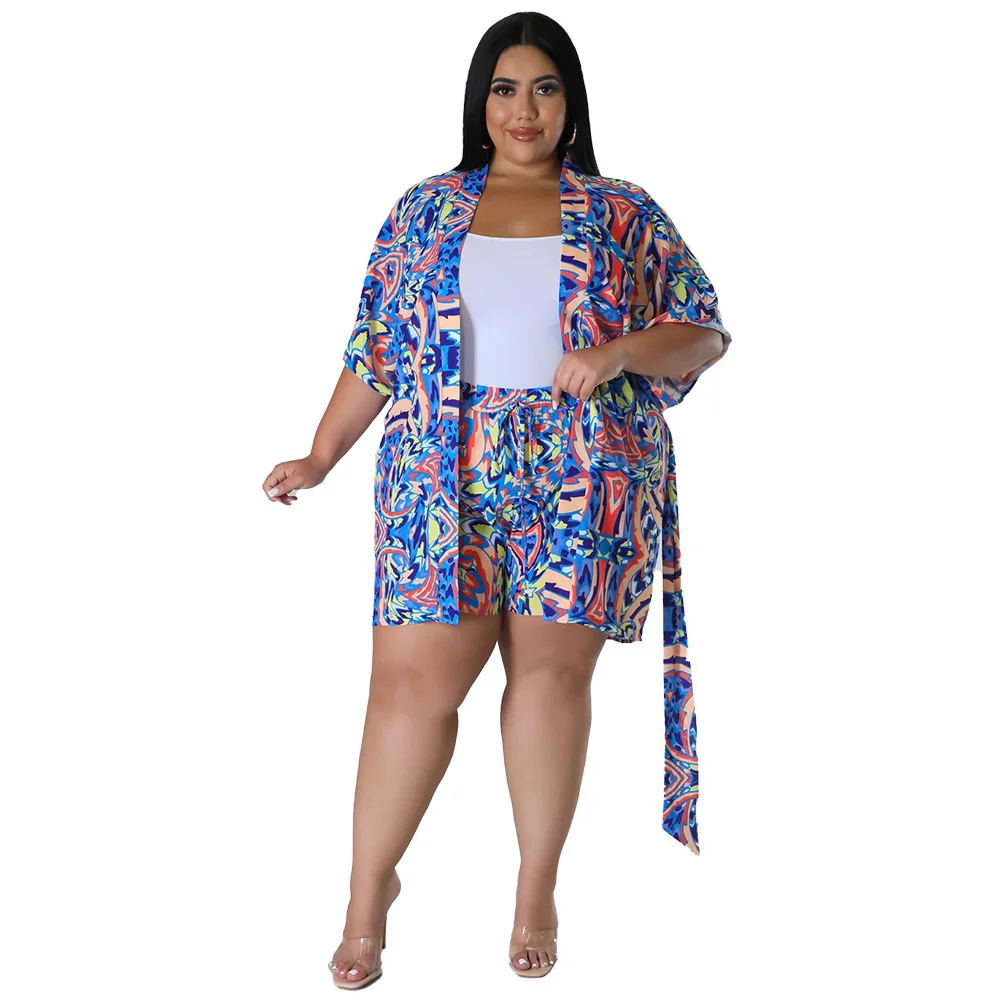 Plus Size Big Size Summer Holidays Woman Two Pieces Set Multicolored Printing Long Sleeves Shirt Sash Fashion 3xl 4xl 5xl 6xl
