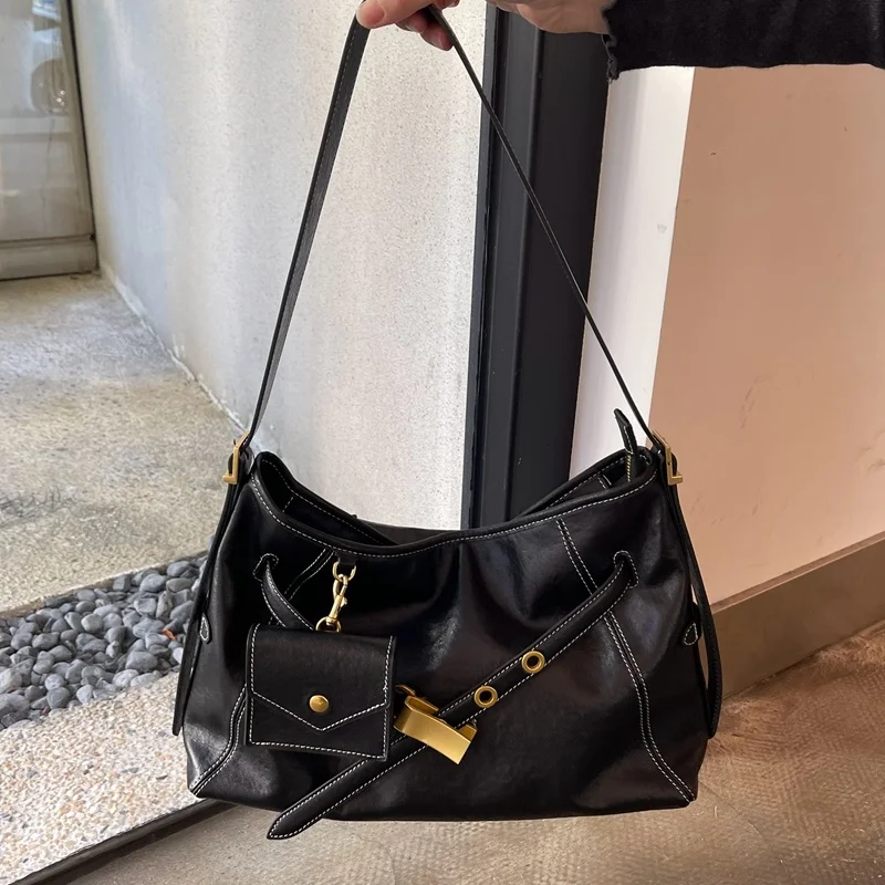 2024 Korean Sle High Sense Retro Underarm Bag Genuine Leather Commuter Soft Lock Pendant Over-the-shoulder Women |