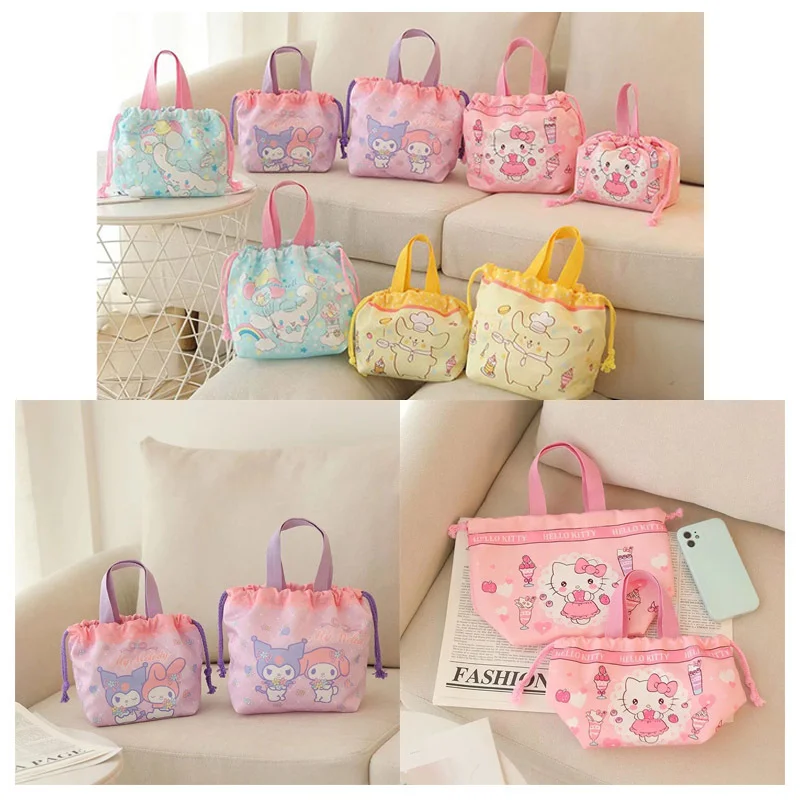 

Sanrioed Cartoon Anime Drawstring Drawstring Pocket Kawaii Cinnamoroll Kittys Cat Kuromi Cute Handbag Student Storage Bento Bag
