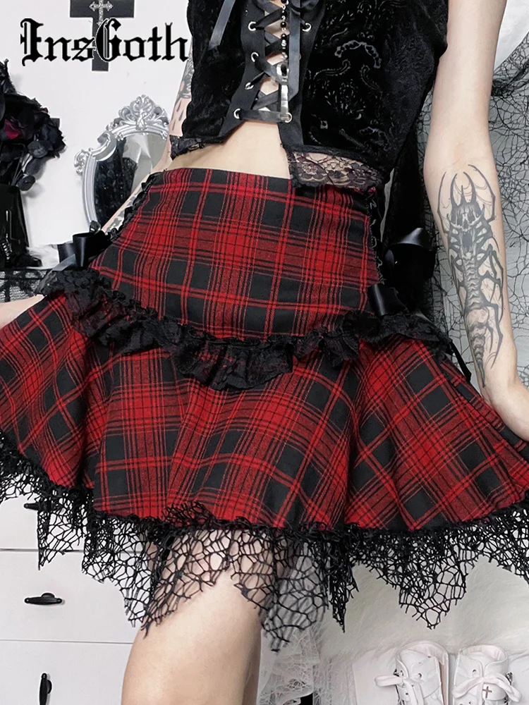 

InsGoth Red Black Plaid Skirts Lace Trim Bow Ribbon Elegant Aesthetic Street Sexy Mini Skirts Gothic Woman Y2K Vintage Partywear