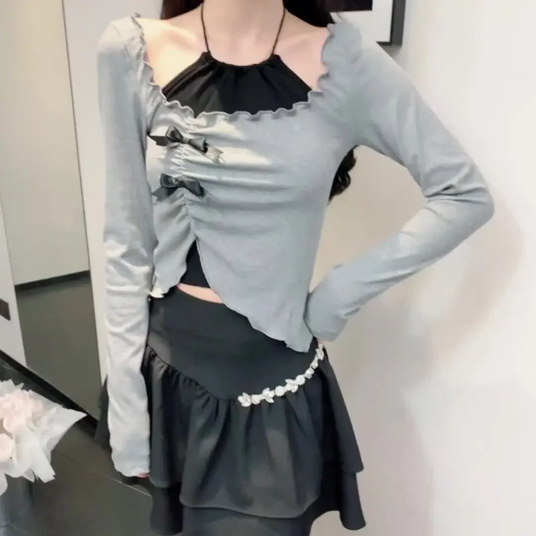 Женские милые футболки с длинным рукавом укороченные топы-туника бантом