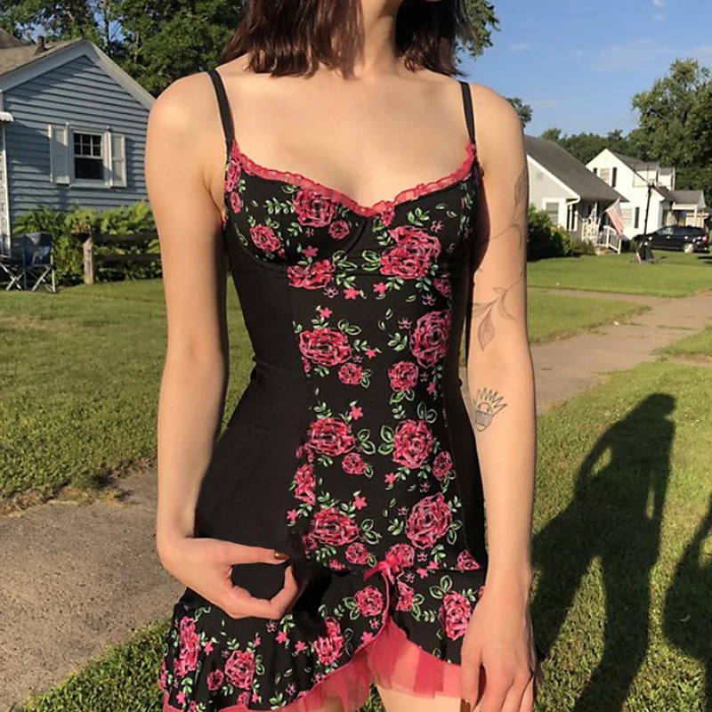 

Women's Sleeveless Dress Flower Printed Lace Edge Patchwork Skinny Fit Dress, Casual Street Style Summer Clothes
