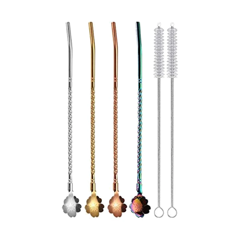 

4 Pcs 2 in 1 Stainless Steel Straws Spoon,Reusable Tea Strainer,for Coffee,Tea,Milkshake,Cocktail(with 2 Cleaning Brush)