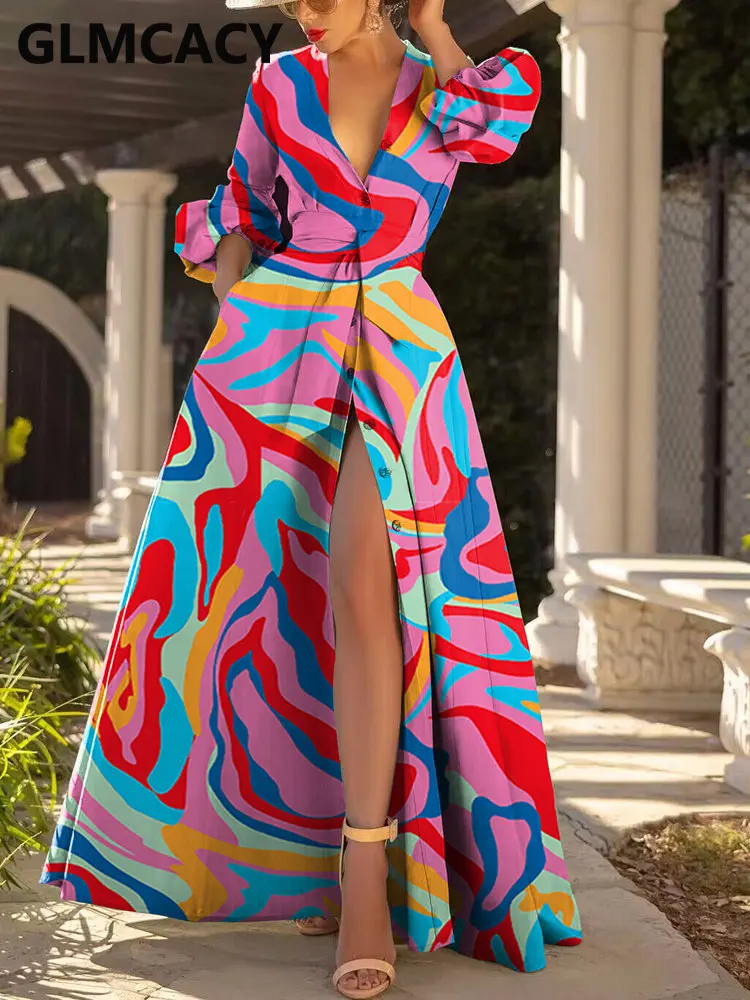 

Женское длинное платье на пуговицах, элегантное платье макси с длинным рукавом