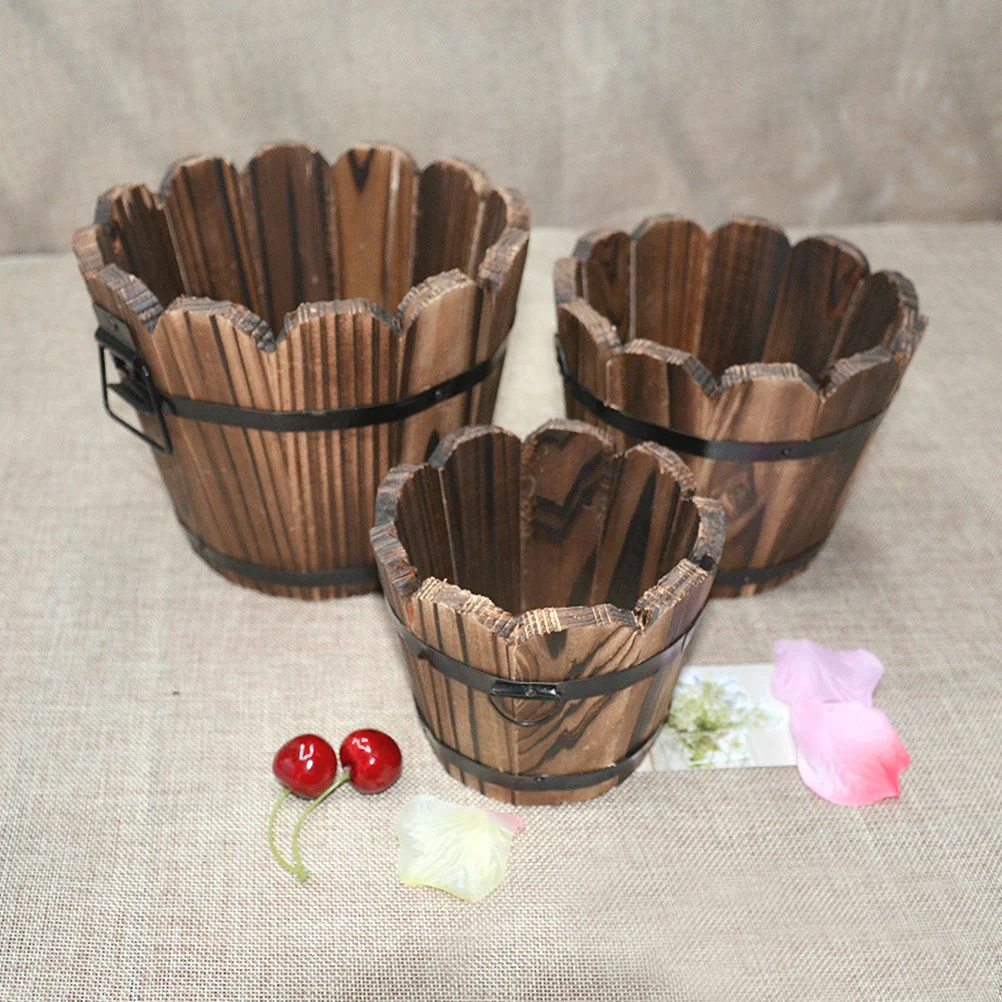 

Flower Pot Out Door Decor Pots Flat Mouth Planter Table Top Wooden Whiskey Round Flowet Flowerpot Home