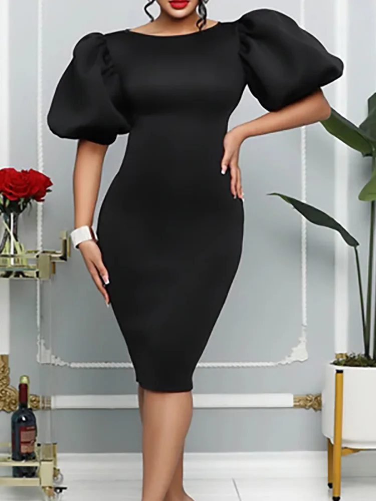 

Black Puff Sleeve Bodycon Office Women's Dress Elegant Pencil Midi Robe Femme Party Casual Women's Vestido Summer 2022 Fashion