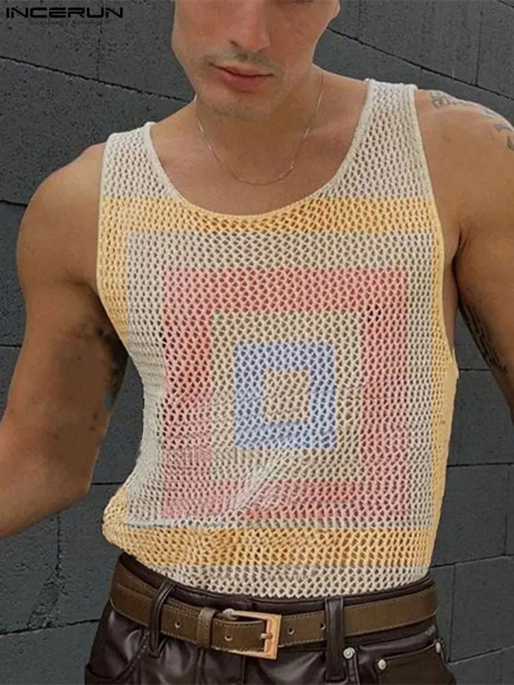 

American Style New Men's Version Mesh Square Waistcoat Casual Streetwear Male See-through Printing Vests S-5XL INCERUN Tops 2022
