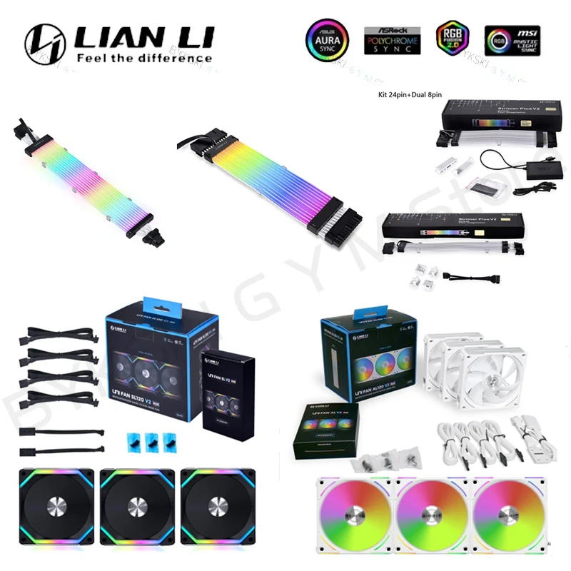 Оригинальный вентилятор LIAN LI UNI 12 см/14 см RGB + LIAN LI Strimer Plus V2 12VHPWR RTX40 серия GPU двойной/тройной 8Pin(6 + 2Pin) PSU набор кабелей