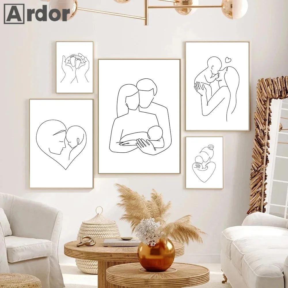 

Family Portrait Canvas Art Painting Abstract Line Prints Mom Dad Baby Posters Minimalist Print Nordic Wall Pictures Home Decor