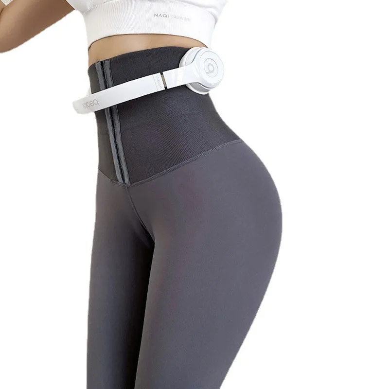 

Women Tight High Waist Plush Thickened Breasted Closing Body Shaping Hip Lifting Elastic Fitness Yoga Tenths Pants Length