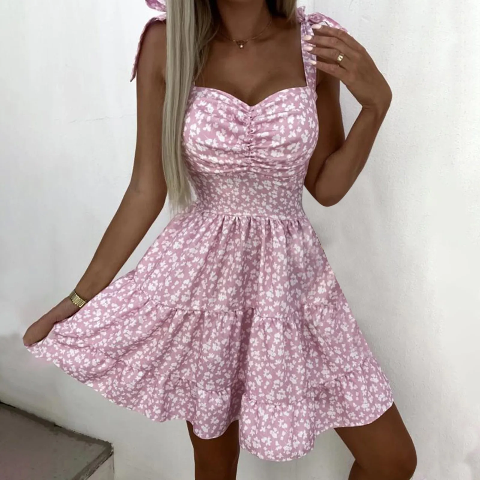 

Sling Strap V-neck Dress Floral Print Midi Dress Sleeveless Slit Dress Sweet Summer Ladies Fashion Women Elegant Robe Sundress