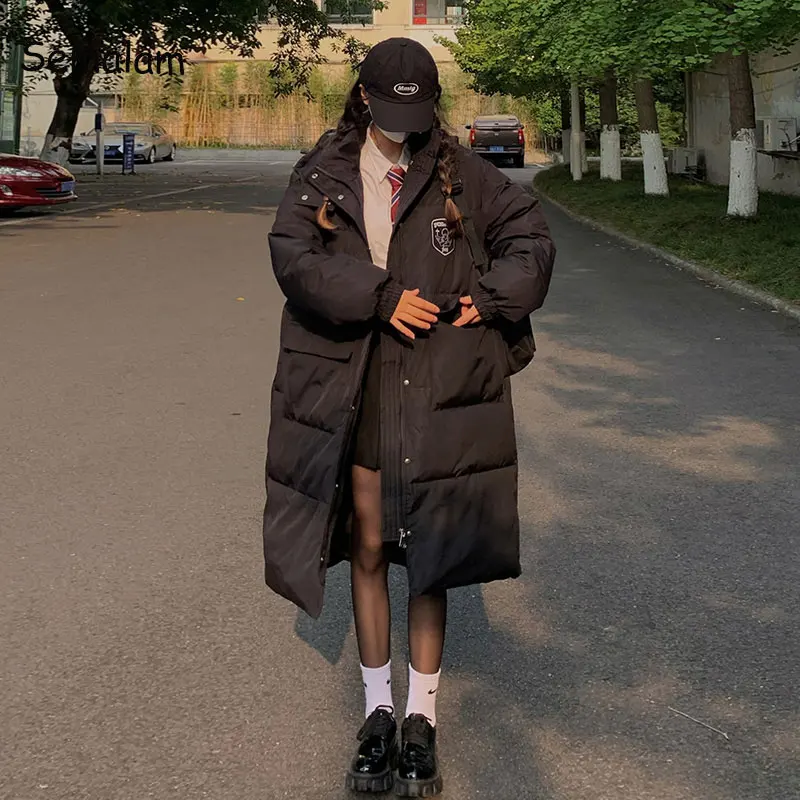 2022 Winter Black Long Coat WomenThickened Hooded Down Cotton Mid-length Parka Casual Loose Korean College Winter Outwear Chic