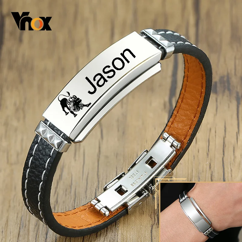 Vnox 12mm Customize Bracelets for Men, Casual Black Leather Cuff Bangle, Vintage Constellations Zodiac Punk Wristband BF Gift