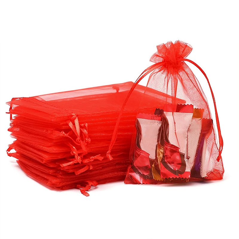 

100PCS Glossy Red Organza Bags - Wedding Party Gifts, Candies, Jewelries Packing Pouches Drawable Bags Presents Sweet Pouches