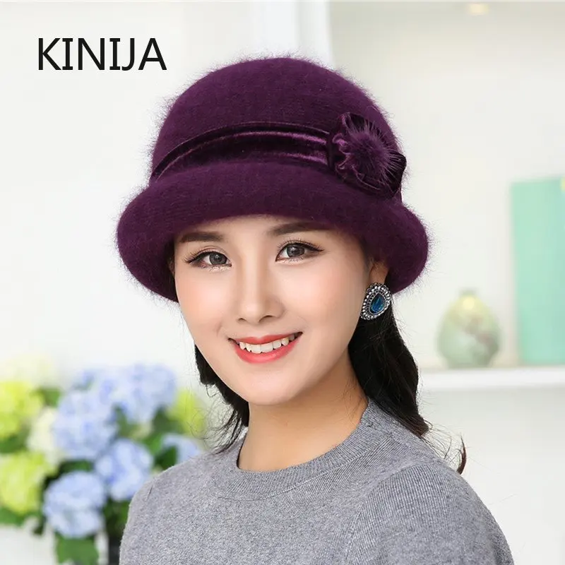 Winter Hat for Elegant Women Floral Soft Wool Mixed Rabbit Fur Hat Warm Knitted Beanies Headwear Bonnet Femme Hiver Mom Hat