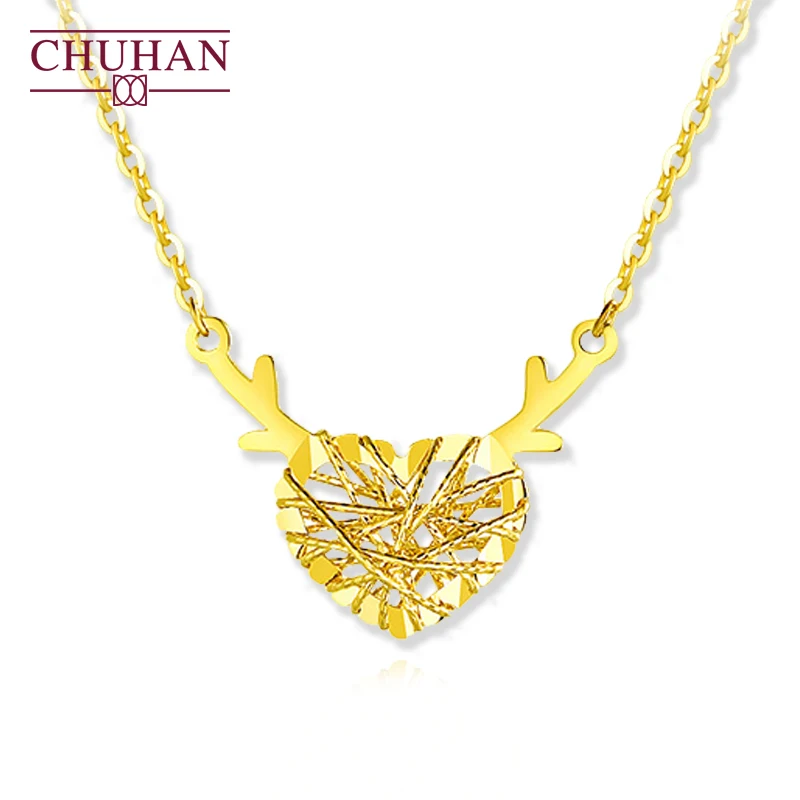 

CHUHAN 18Kt Gold Antlers Pendant Necklace Heart Shape Design Au750 Clavicle Chain Sweet Romantic Style Gifts for Women Jewelry