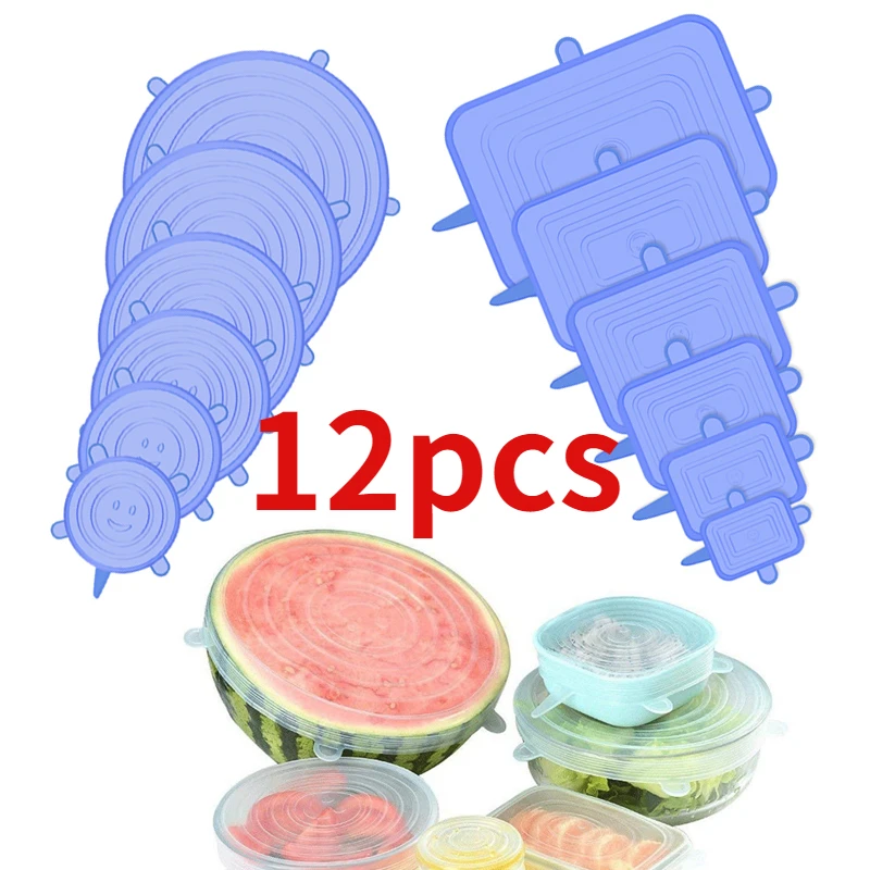 

12 Dish Lids Silicone Caps Kitchen Square Accessories Stretch Adaptable Food Universal For Cans Round Lids Covers Silicone