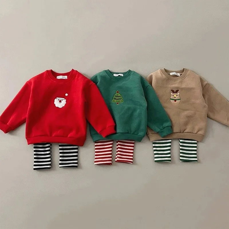 

MiniAinis Autumn Winter Baby Christmas Themed Long Sleeved Top Girls Thickening T Shirt Boys Green Red Khaki 3 Colors Clothes