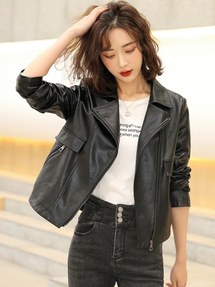 New Women Casual Leather Jacket Spring Autumn Fashion Trend Suit Collar Loose Short Sheepskin Coat Split Leather Small Outerwear