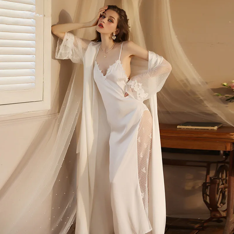 

New Thin Spring Summer Sexy Robe Extended Section Bathrobe Pajamas Long-sleeved Satin Women Girl Loungewear Halter Dress