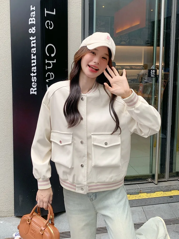 Кремово-белая бейсбольная форма-карго короткая женская куртка на весну и осень