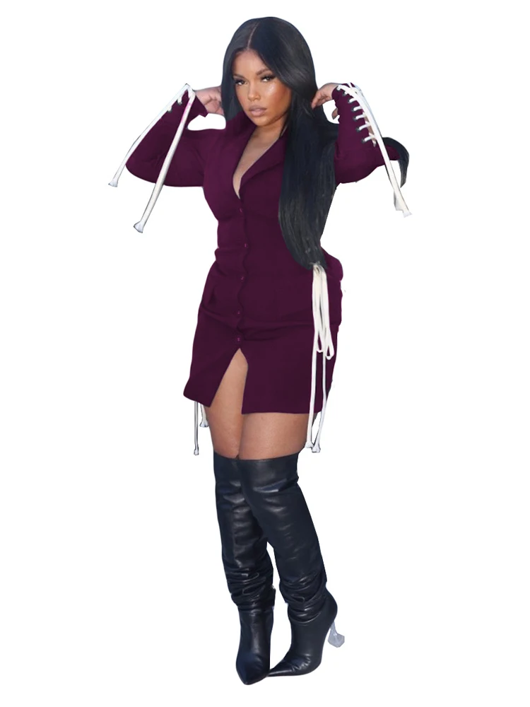 

African Short Dress Women Puff Sleeve Lace Up Hollow Ropa Mujer Autumn New Fashion Sexy Office Lady High Street African Dresses