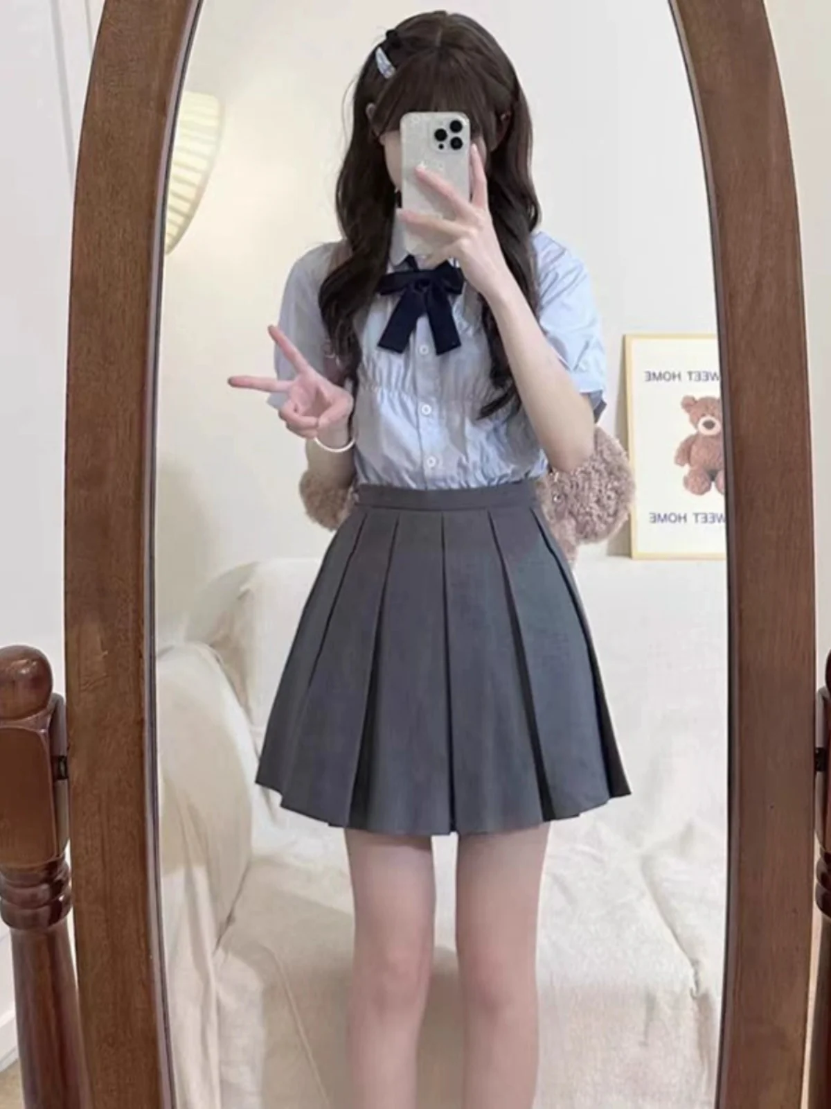 Preppy Blue Shirts Women Jk Uniform Set Summer Short sleeve Korean Series Pleat Shirt Top Design Sense