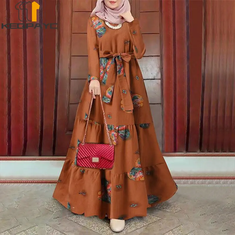 Muslim Women Dubai Abaya Cotton Linen Long Dress Kaftan Islam Arab Vintage Print Dresses with Belt Robe Middle East Eid Clothing