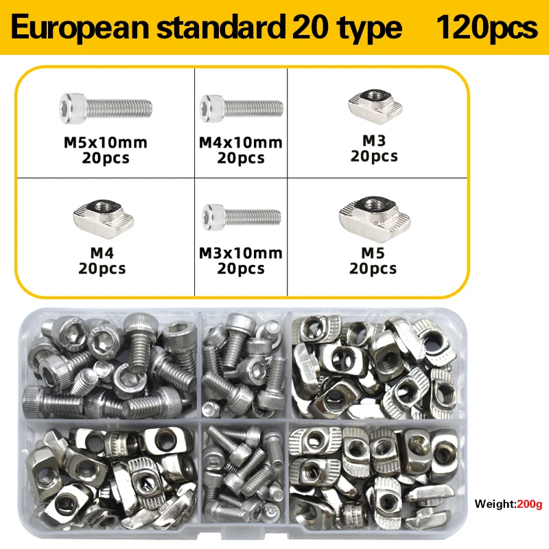 

M3 M4 M5 M6 Т-образная гайка с винтами, Т-образная гайка с молотковой головкой и шестигранными головками, набор болтов в ассортименте для алюминиевого профиля 2020 3030 4040