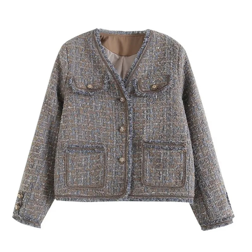 

PB&ZA Autumn new Korean style tweed jacket Women 2022 French retro small fragrance Coat Female short simple temperament jacket