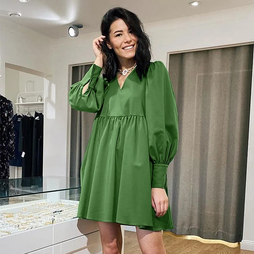 

Женское повседневное мини-платье с высокой талией, соблазнительное однотонное праздвечерние чное платье с длинным рукавом и V-образным выр...